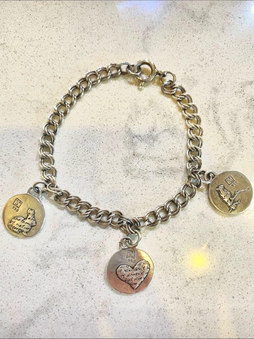 Sterling silver love, family, and passion chain charm bracelet